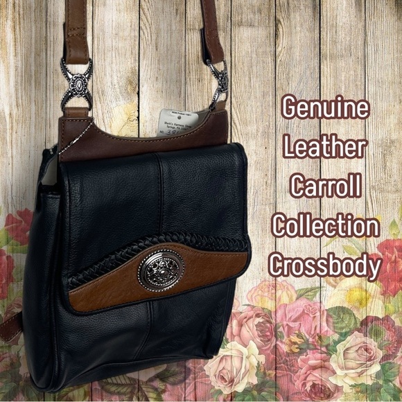 Carroll Collection Black Brown Leather Crossbody Bag - Picture 1 of 16